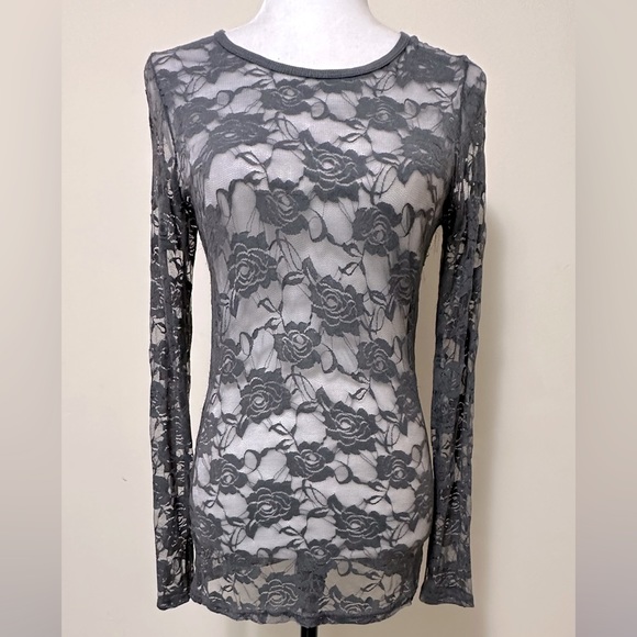 Color Story Sexy Sheer Gray Lace Roses Stretch Top Long Sleeves Pullover Top S/M - Picture 3 of 15